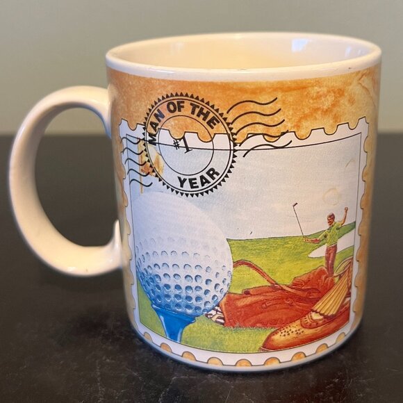 #1 MAN OF THE YEAR Golfer on a Postage Stamp Ceramic Mug ~ Russ Berrie & Co. - Picture 1 of 8